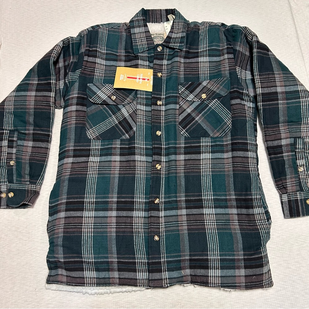 Bay Trading Co Mens Vintage Green Plaid Flannel Shacket Medium‎ Sherpa Lined